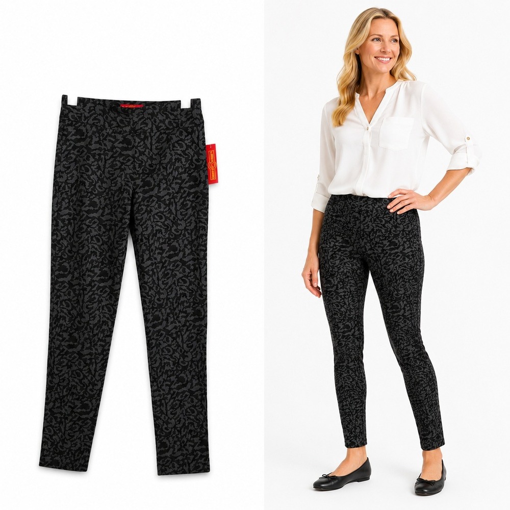 Krazy Larry Pants Women 6 Black Grey Leopard Jacquard Pull-On Ankle Slim Stretch